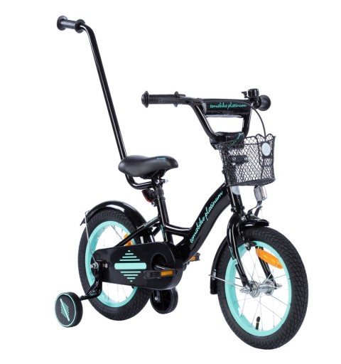 Rowerek dziecięcy 16 cali TomaBike PLATINUM z prowadnikiem | Czarno-Turkusowy